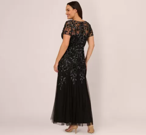 Adrianna Papell Plus Size Hand Beaded Short Sleeve Floral Godet Gown In Black Gunmetal BLACK-GUNMETAL Best Sale