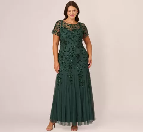 Adrianna Papell Plus Size Hand Beaded Short Sleeve Floral Godet Gown In Dusty Emerald DUSTYEMERALD Best Sale