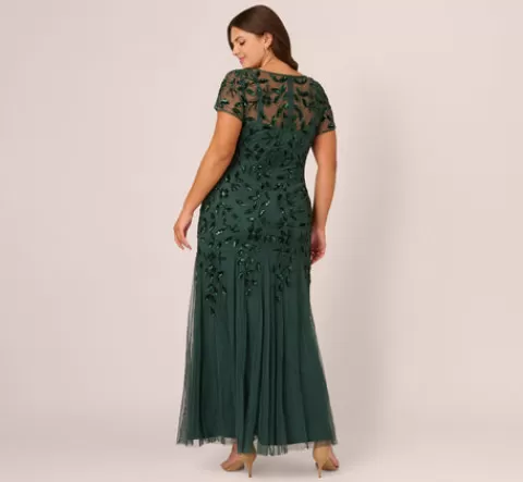 Adrianna Papell Plus Size Hand Beaded Short Sleeve Floral Godet Gown In Dusty Emerald DUSTYEMERALD Best Sale