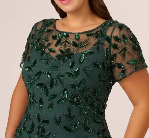 Adrianna Papell Plus Size Hand Beaded Short Sleeve Floral Godet Gown In Dusty Emerald DUSTYEMERALD Best Sale