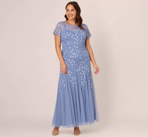 Adrianna Papell Plus Size Hand Beaded Short Sleeve Floral Godet Gown In French Blue FRENCHBLUE Fashion