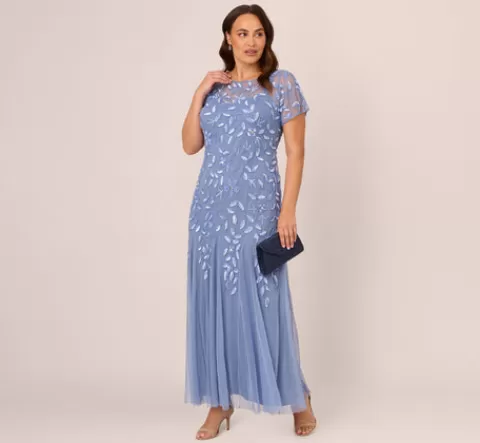 Adrianna Papell Plus Size Hand Beaded Short Sleeve Floral Godet Gown In French Blue FRENCHBLUE Fashion