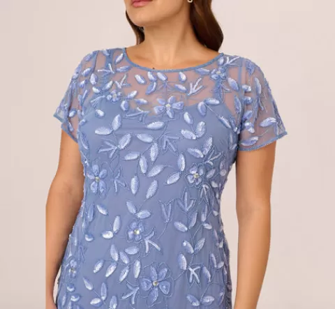Adrianna Papell Plus Size Hand Beaded Short Sleeve Floral Godet Gown In French Blue FRENCHBLUE Fashion