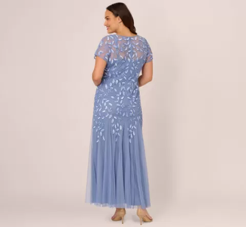 Adrianna Papell Plus Size Hand Beaded Short Sleeve Floral Godet Gown In French Blue FRENCHBLUE Fashion