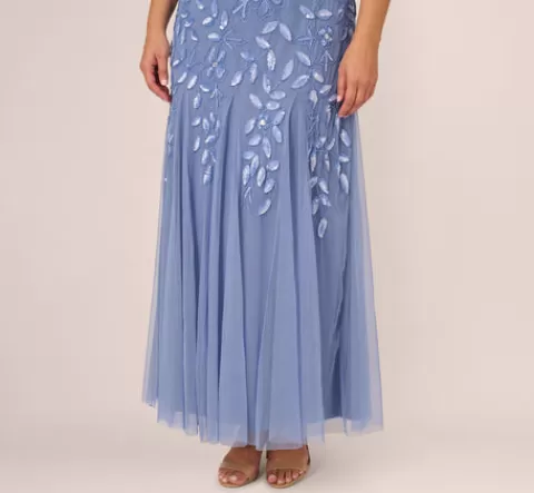 Adrianna Papell Plus Size Hand Beaded Short Sleeve Floral Godet Gown In French Blue FRENCHBLUE Fashion