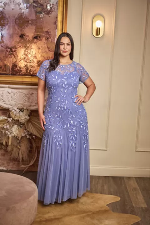 Adrianna Papell Plus Size Hand Beaded Short Sleeve Floral Godet Gown In French Blue FRENCHBLUE Fashion