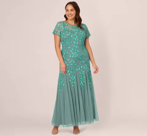 Adrianna Papell Plus Size Hand Beaded Short Sleeve Floral Godet Gown In Green Slate GREENSLATE Cheap