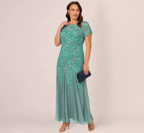 Adrianna Papell Plus Size Hand Beaded Short Sleeve Floral Godet Gown In Green Slate GREENSLATE Cheap
