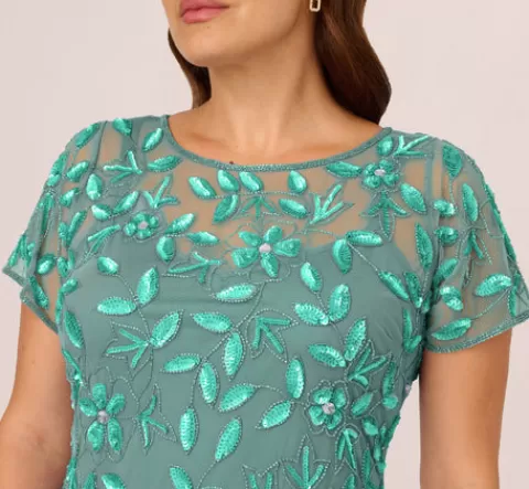 Adrianna Papell Plus Size Hand Beaded Short Sleeve Floral Godet Gown In Green Slate GREENSLATE Cheap