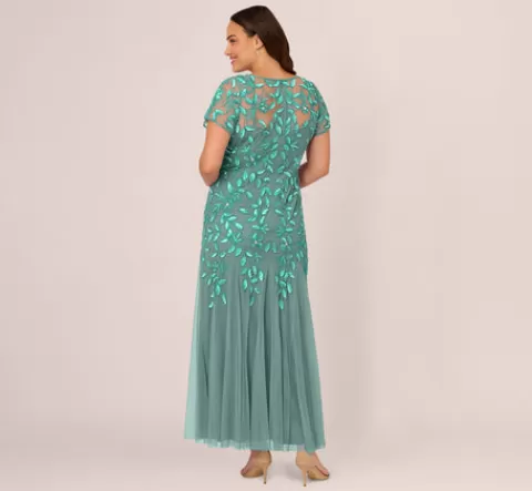 Adrianna Papell Plus Size Hand Beaded Short Sleeve Floral Godet Gown In Green Slate GREENSLATE Cheap