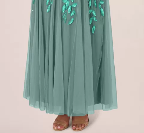 Adrianna Papell Plus Size Hand Beaded Short Sleeve Floral Godet Gown In Green Slate GREENSLATE Cheap