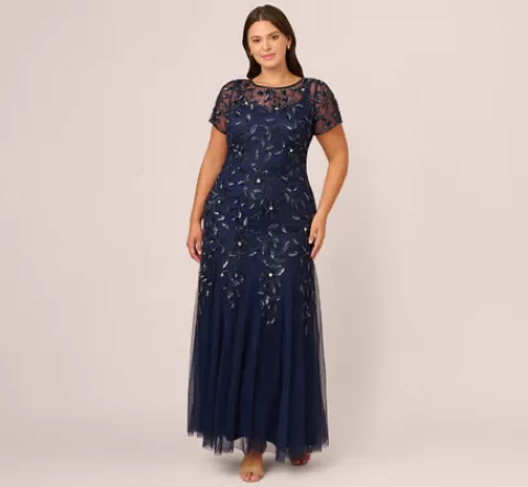 Adrianna Papell Plus Size Hand Beaded Short Sleeve Floral Godet Gown In Light Navy LIGHTNAVY Best