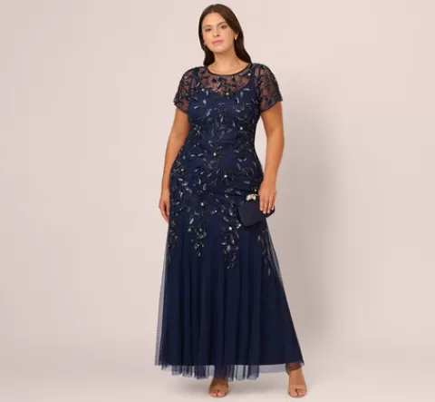 Adrianna Papell Plus Size Hand Beaded Short Sleeve Floral Godet Gown In Light Navy LIGHTNAVY Best