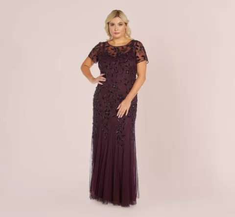 Adrianna Papell Plus Size Hand Beaded Short Sleeve Floral Godet Gown In Night Plum NIGHTPLUM Cheap