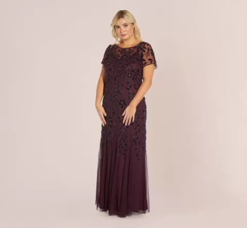 Adrianna Papell Plus Size Hand Beaded Short Sleeve Floral Godet Gown In Night Plum NIGHTPLUM Cheap