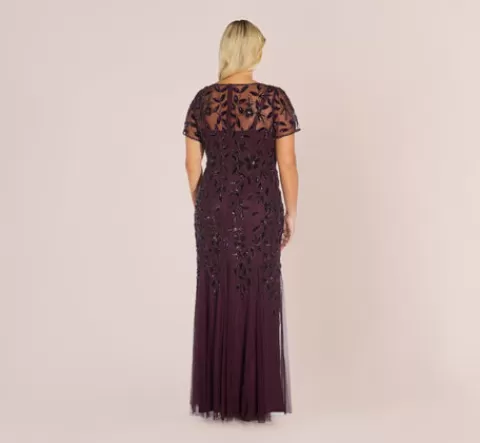Adrianna Papell Plus Size Hand Beaded Short Sleeve Floral Godet Gown In Night Plum NIGHTPLUM Cheap