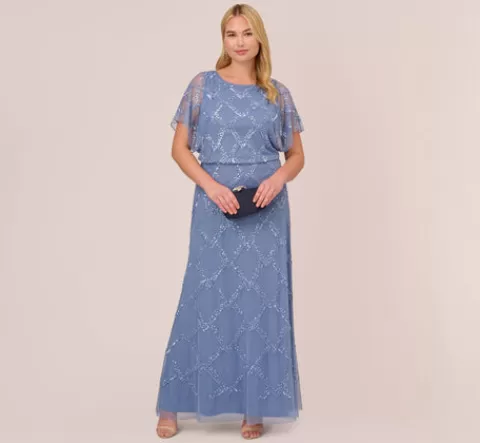 Adrianna Papell Plus Size Hand-Beaded Blouson Long Gown With Flutter Sleeves In French Blue FRENCHBLUE New
