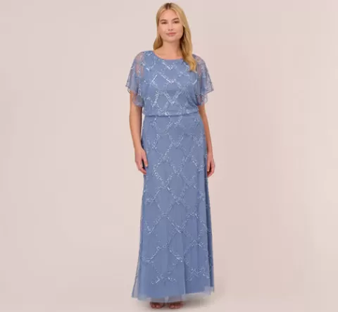 Adrianna Papell Plus Size Hand-Beaded Blouson Long Gown With Flutter Sleeves In French Blue FRENCHBLUE New