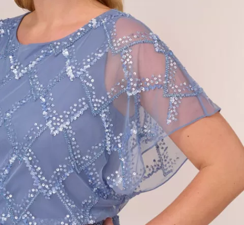 Adrianna Papell Plus Size Hand-Beaded Blouson Long Gown With Flutter Sleeves In French Blue FRENCHBLUE New