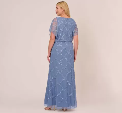Adrianna Papell Plus Size Hand-Beaded Blouson Long Gown With Flutter Sleeves In French Blue FRENCHBLUE New