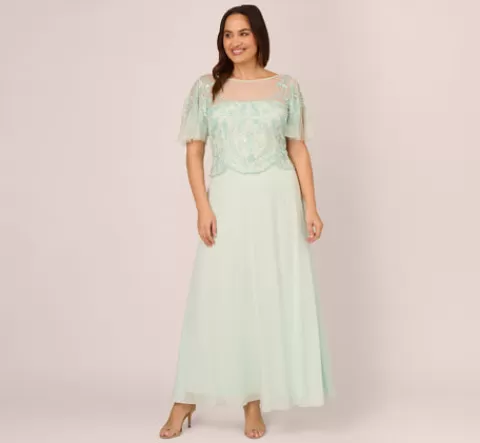 Adrianna Papell Plus Size Hand-Beaded Illusion Long Gown With Flutter Sleeves In Mint Glass MINTGLASS Best