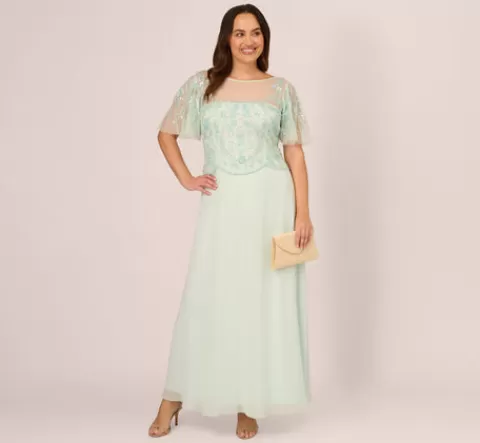 Adrianna Papell Plus Size Hand-Beaded Illusion Long Gown With Flutter Sleeves In Mint Glass MINTGLASS Best