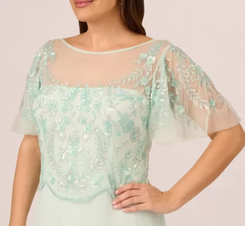 Adrianna Papell Plus Size Hand-Beaded Illusion Long Gown With Flutter Sleeves In Mint Glass MINTGLASS Best
