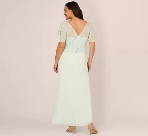 Adrianna Papell Plus Size Hand-Beaded Illusion Long Gown With Flutter Sleeves In Mint Glass MINTGLASS Best