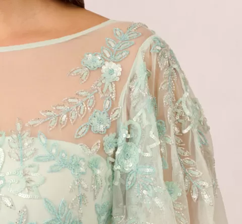Adrianna Papell Plus Size Hand-Beaded Illusion Long Gown With Flutter Sleeves In Mint Glass MINTGLASS Best