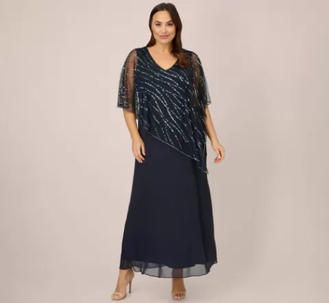 Adrianna Papell Plus Size Hand-Beaded Popover Long Dress In MIDNIGHT Cheap