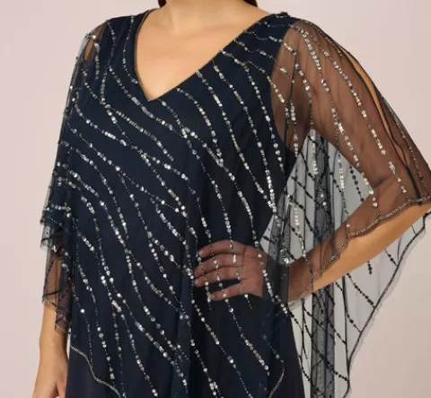 Adrianna Papell Plus Size Hand-Beaded Popover Long Dress In MIDNIGHT Cheap