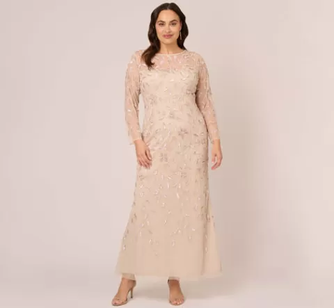 Adrianna Papell Plus Size Illusion Floral Beaded Gown With Sheer Long Sleeves In LATTE New