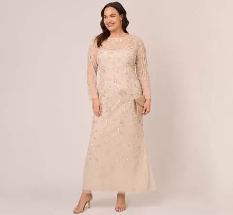 Adrianna Papell Plus Size Illusion Floral Beaded Gown With Sheer Long Sleeves In LATTE New