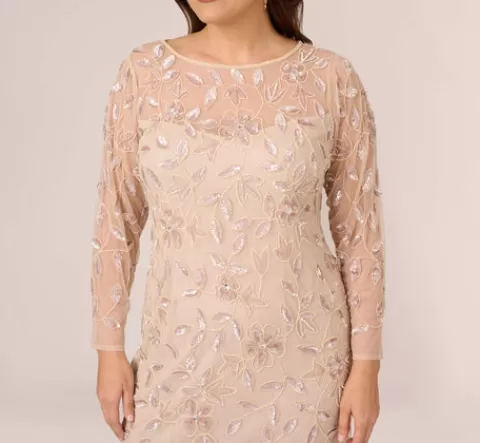 Adrianna Papell Plus Size Illusion Floral Beaded Gown With Sheer Long Sleeves In LATTE New