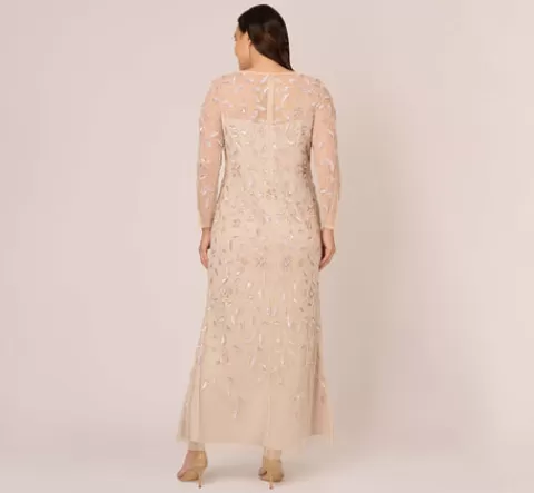 Adrianna Papell Plus Size Illusion Floral Beaded Gown With Sheer Long Sleeves In LATTE New