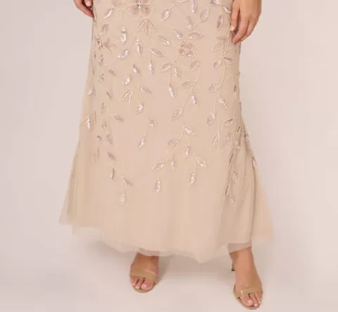 Adrianna Papell Plus Size Illusion Floral Beaded Gown With Sheer Long Sleeves In LATTE New