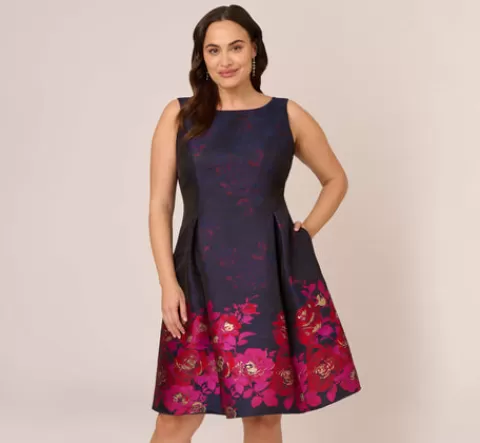 Adrianna Papell Plus Size Jacquard Midi Dress With Metallic Floral Trim In Navy Pink Multi NAVY-PINKMULTI Shop