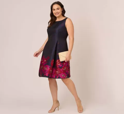 Adrianna Papell Plus Size Jacquard Midi Dress With Metallic Floral Trim In Navy Pink Multi NAVY-PINKMULTI Shop