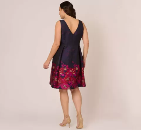 Adrianna Papell Plus Size Jacquard Midi Dress With Metallic Floral Trim In Navy Pink Multi NAVY-PINKMULTI Shop