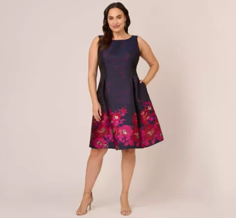 Adrianna Papell Plus Size Jacquard Midi Dress With Metallic Floral Trim In Navy Pink Multi NAVY-PINKMULTI Shop