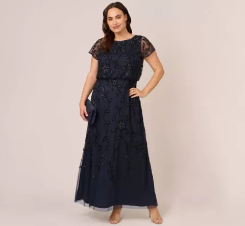 Adrianna Papell Plus Size Jasmine Beaded Blouson Gown With Sheer Short Sleeves In Navy Black NAVYBLACK Fashion