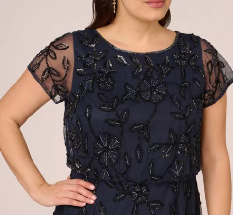 Adrianna Papell Plus Size Jasmine Beaded Blouson Gown With Sheer Short Sleeves In Navy Black NAVYBLACK Fashion