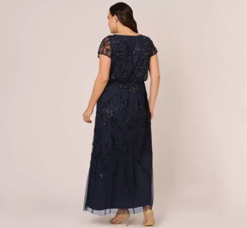 Adrianna Papell Plus Size Jasmine Beaded Blouson Gown With Sheer Short Sleeves In Navy Black NAVYBLACK Fashion