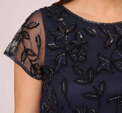 Adrianna Papell Plus Size Jasmine Beaded Blouson Gown With Sheer Short Sleeves In Navy Black NAVYBLACK Fashion