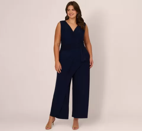Adrianna Papell Plus Size Jersey Sleeveless Pintuck Jumpsuit With Wide Legs In MIDNIGHT Cheap
