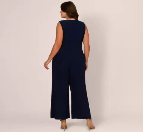 Adrianna Papell Plus Size Jersey Sleeveless Pintuck Jumpsuit With Wide Legs In MIDNIGHT Cheap