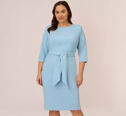 Adrianna Papell Plus Size Knit Crepe Bow Sheath Dress With Three Quarter Sleeves In Blue Mist BLUEMIST Best Sale