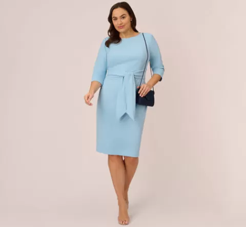 Adrianna Papell Plus Size Knit Crepe Bow Sheath Dress With Three Quarter Sleeves In Blue Mist BLUEMIST Best Sale