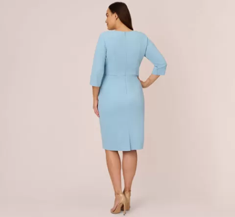 Adrianna Papell Plus Size Knit Crepe Bow Sheath Dress With Three Quarter Sleeves In Blue Mist BLUEMIST Best Sale