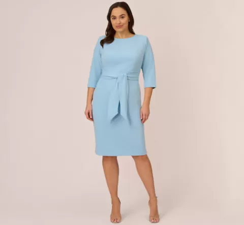 Adrianna Papell Plus Size Knit Crepe Bow Sheath Dress With Three Quarter Sleeves In Blue Mist BLUEMIST Best Sale